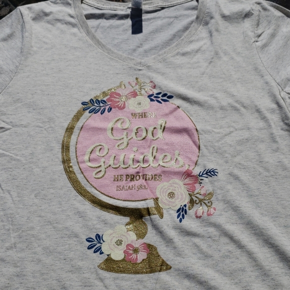 Any3 for$25 🆕️ Where God guides he provides Isaiah 58:1 Gold shimmer gray shirt - Picture 3 of 3